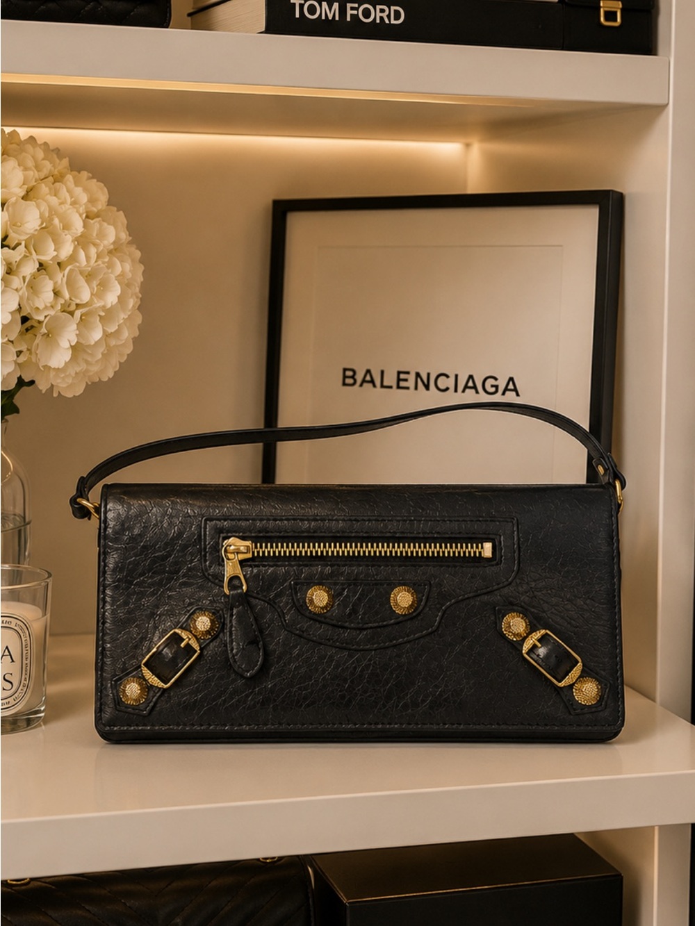 Balenciaga Classic Black Leather Giant City Wallet And Removable Shoulder Strap